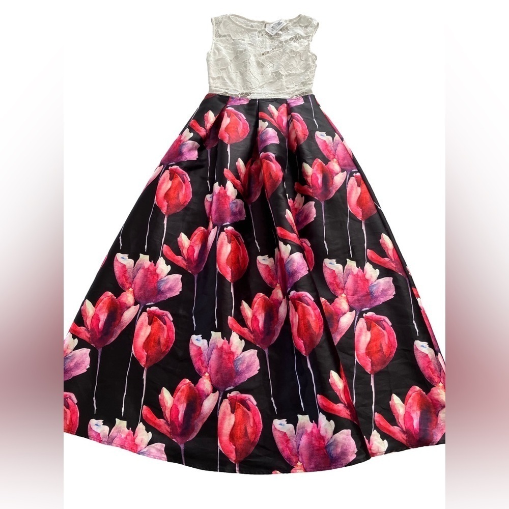 Soieblu Event Party Maxi Dress Sz M NWT Lace Cut Out Bodice Floor Length Tulips - Picture 3 of 13